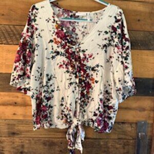 LUQ Floral Tie-Front Kimono Top Ivory Multi XL
